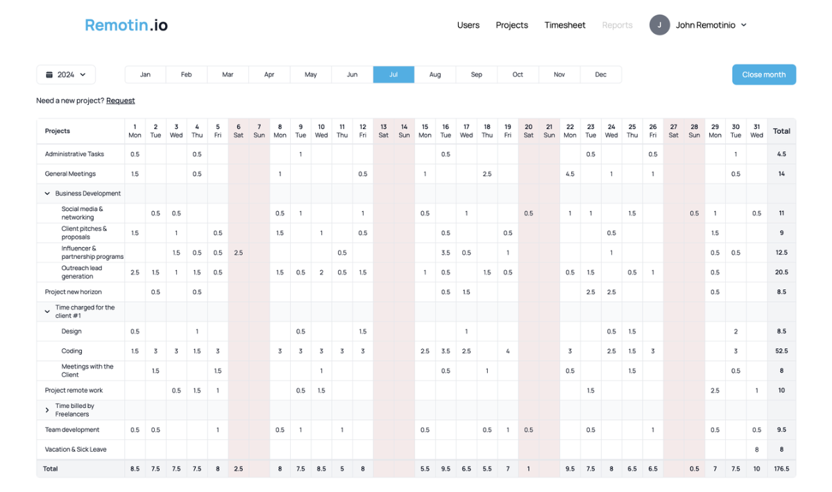 Remotinio timesheet view with a lot of time entries